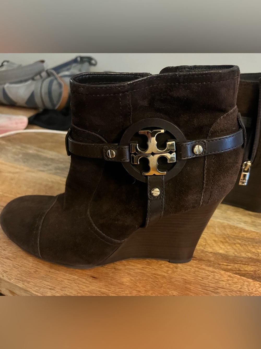 Tory Burch Dark Brown Suede Wedge Bootie with Logo Medallion